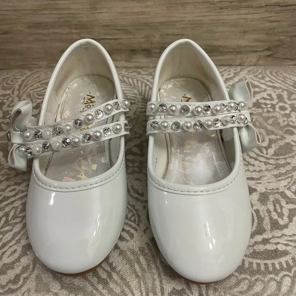 White Pearl Rhinestone Mary Jane Dress Shoes Bow Toddler Girl Formal Party sz 7